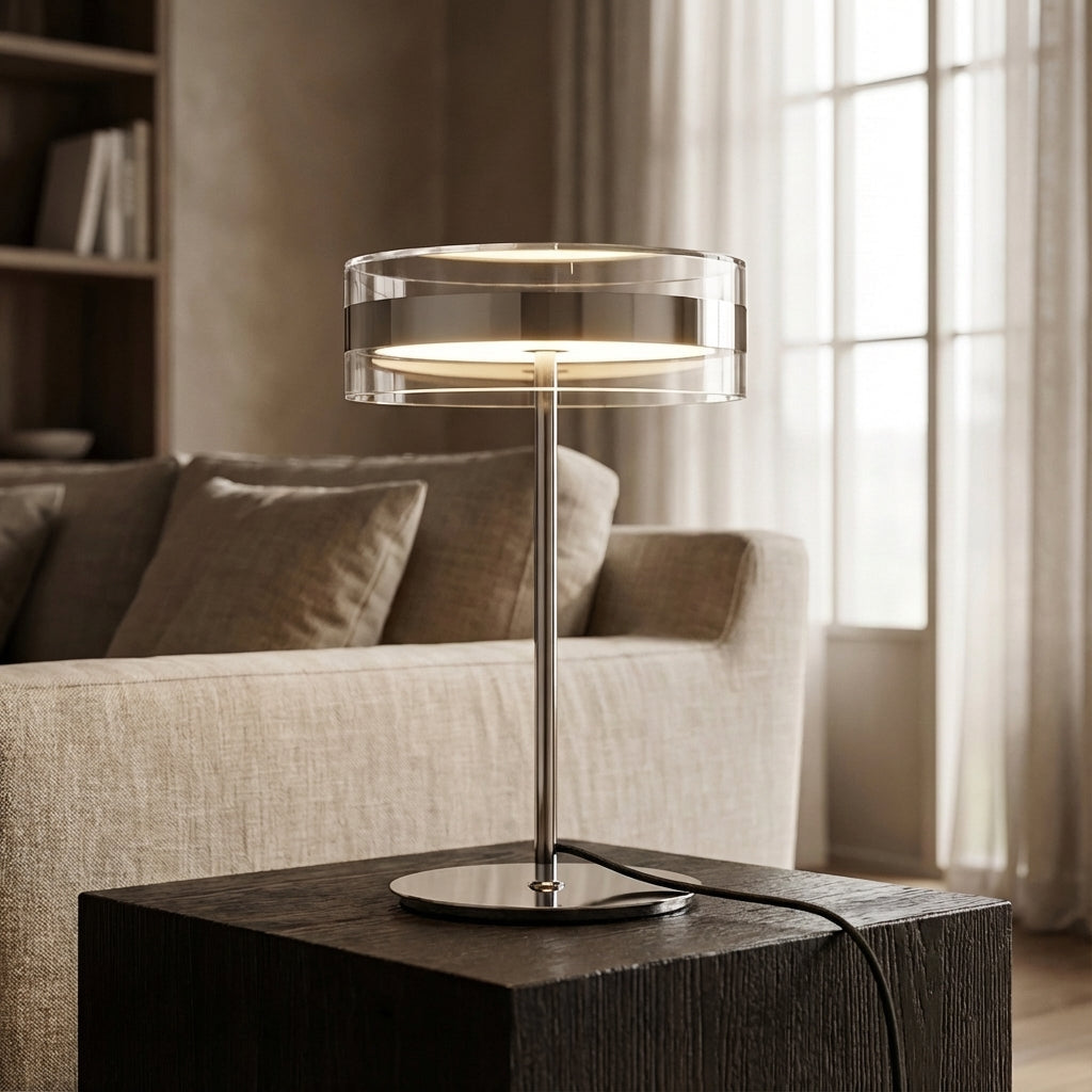 Bordlampe med klar sylinderskjerm og krom stang, Krom og klar