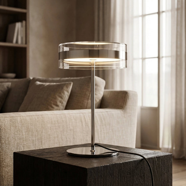 Bordlampe med klar sylinderskjerm og krom stang, Krom og klar