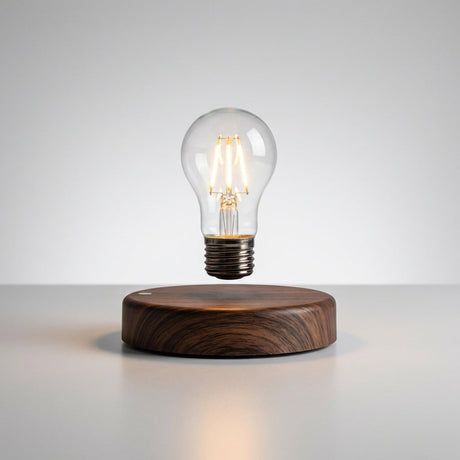 Bordlampe med svevende lyspære på rund fot i trekompositt, Mørkt tre og klar