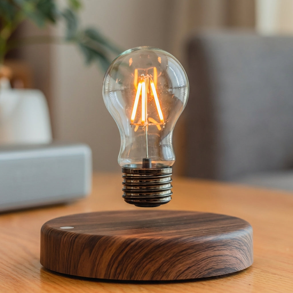 Bordlampe med svevende lyspære på rund fot i trekompositt, Mørkt tre og klar