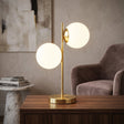Bordlampe med to frostede glasskuler på messingfarget stang, Messing og hvit