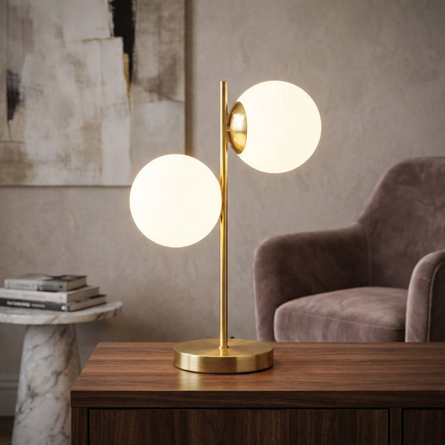 Bordlampe med to frostede glasskuler på messingfarget stang, Messing og hvit