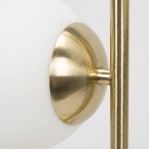 Bordlampe med to frostede glasskuler på messingfarget stang, Messing og hvit