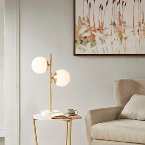 Bordlampe med to frostede glasskuler på messingfarget stang, Messing og hvit