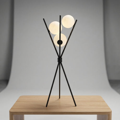 Bordlampe med trefot i sort og tre hvite kuler, Svart og hvit