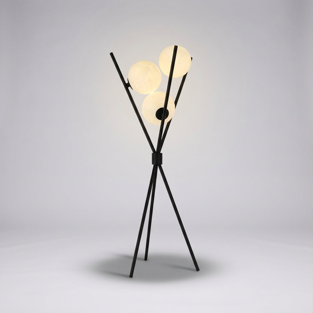 Bordlampe med trefot i sort og tre hvite kuler, Svart og hvit