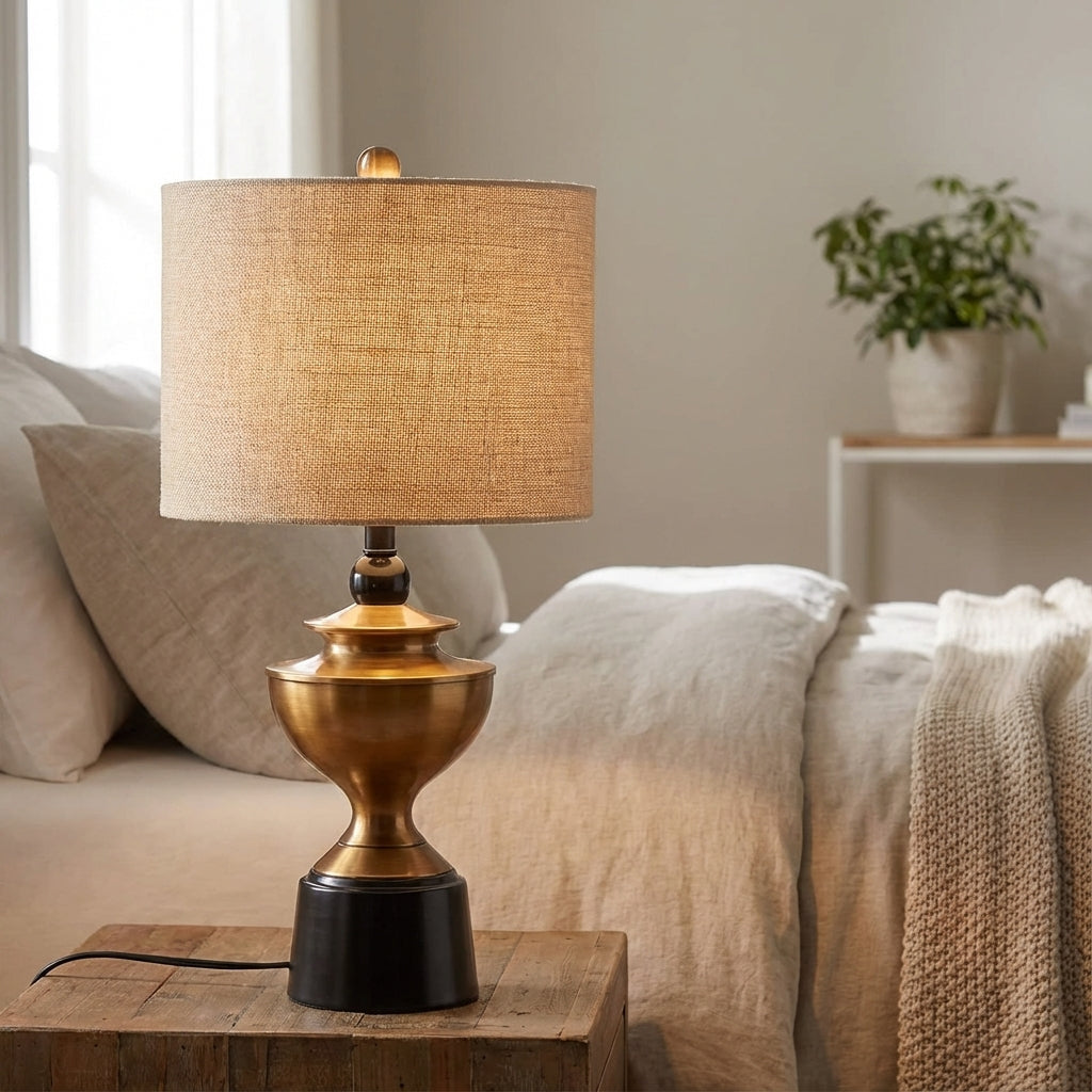 Bordlampe med urneformet fot i antikk bronse og linskjerm, Bronse, svart og beige