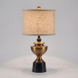 Bordlampe med urneformet fot i antikk bronse og linskjerm, Bronse, svart og beige