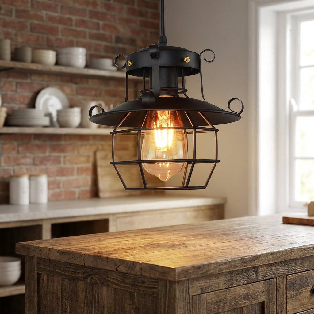 Industriell pendellampe med metallbur og bronsefinish, Bronse