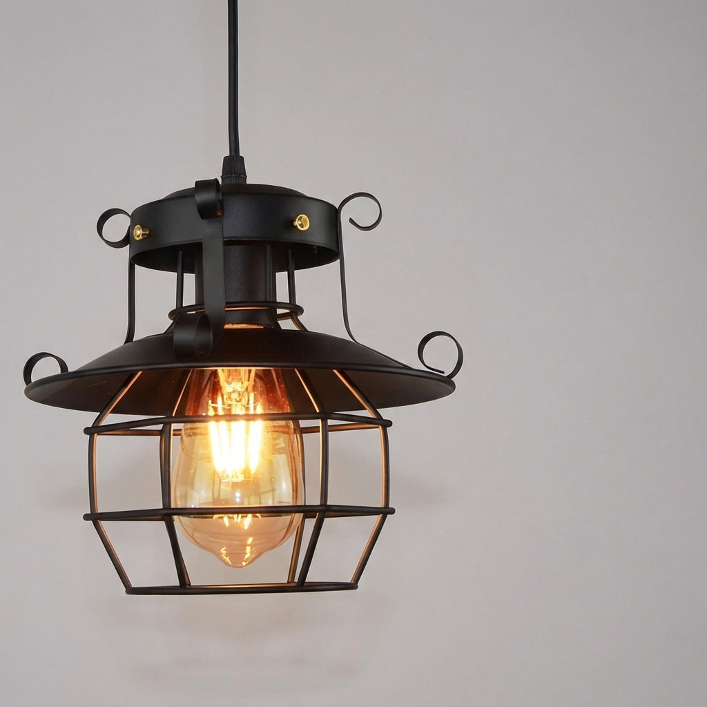 Industriell pendellampe med metallbur og bronsefinish, Bronse