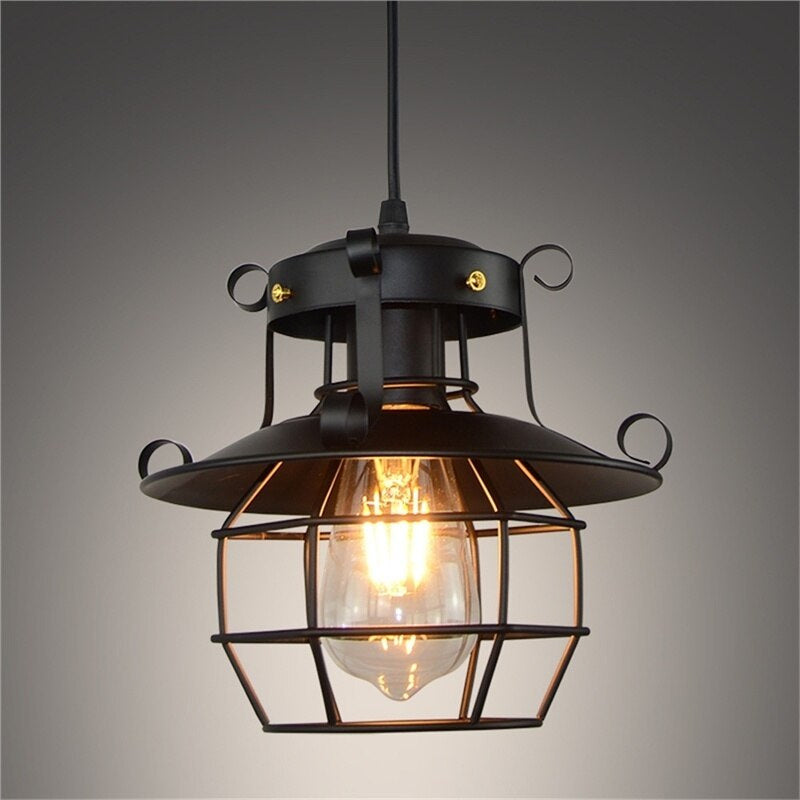 Industriell pendellampe med metallbur og bronsefinish, Bronse