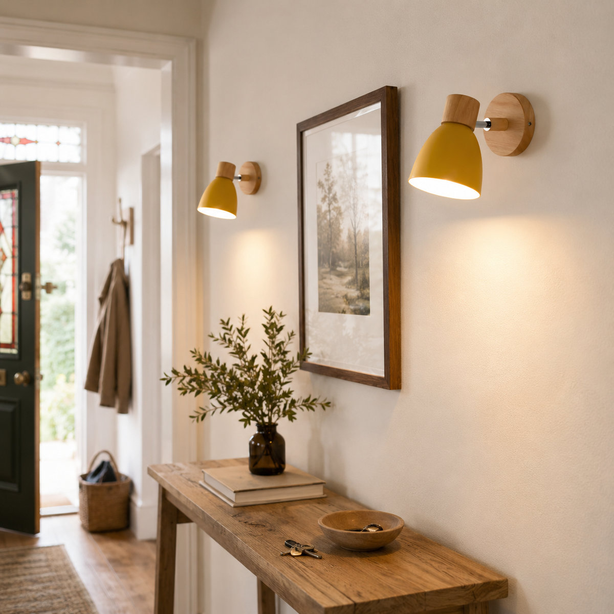 Vegglampe i metall med trearm - justerbar leselampe i nordisk stil