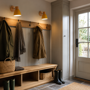 Vegglampe i metall med trearm - justerbar leselampe i nordisk stil