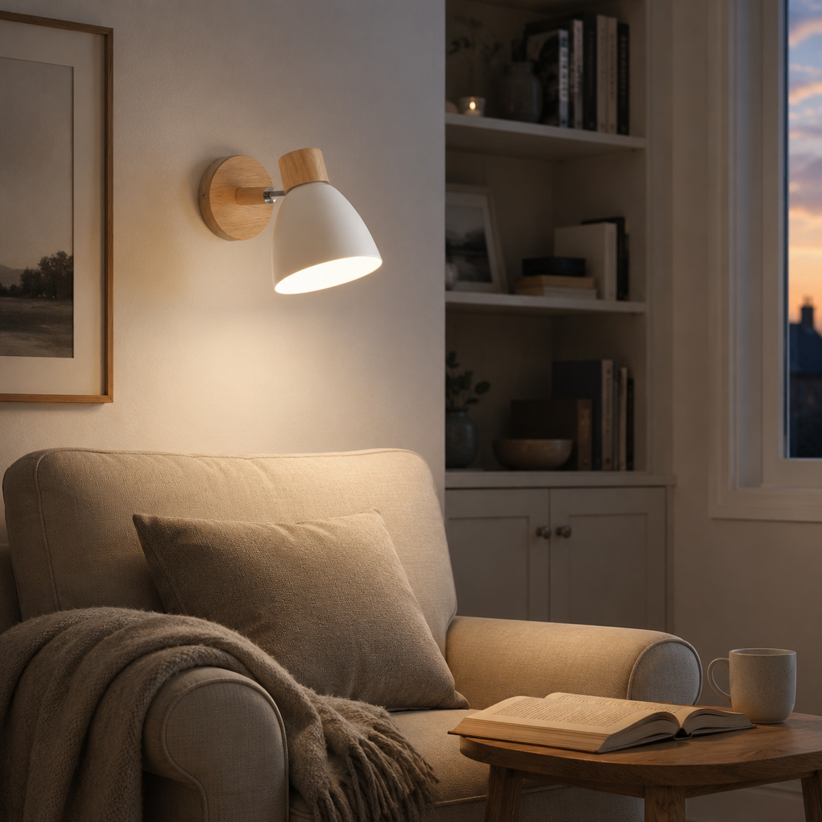 Vegglampe i metall med trearm - justerbar leselampe i nordisk stil