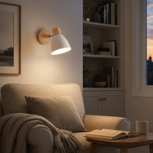 Vegglampe i metall med trearm - justerbar leselampe i nordisk stil