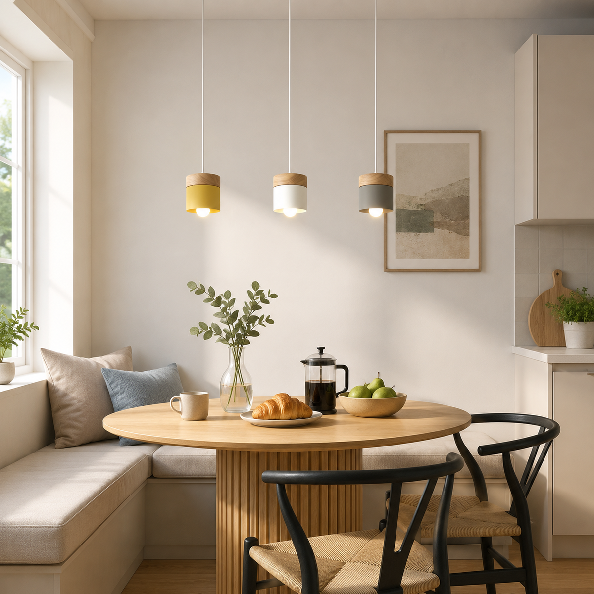 Pendellampe i miniformat med metallskjerm og tretopp i loftstil