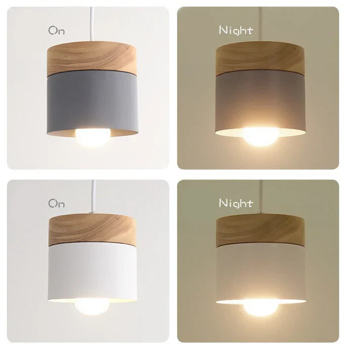 Pendellampe i miniformat med metallskjerm og tretopp i loftstil