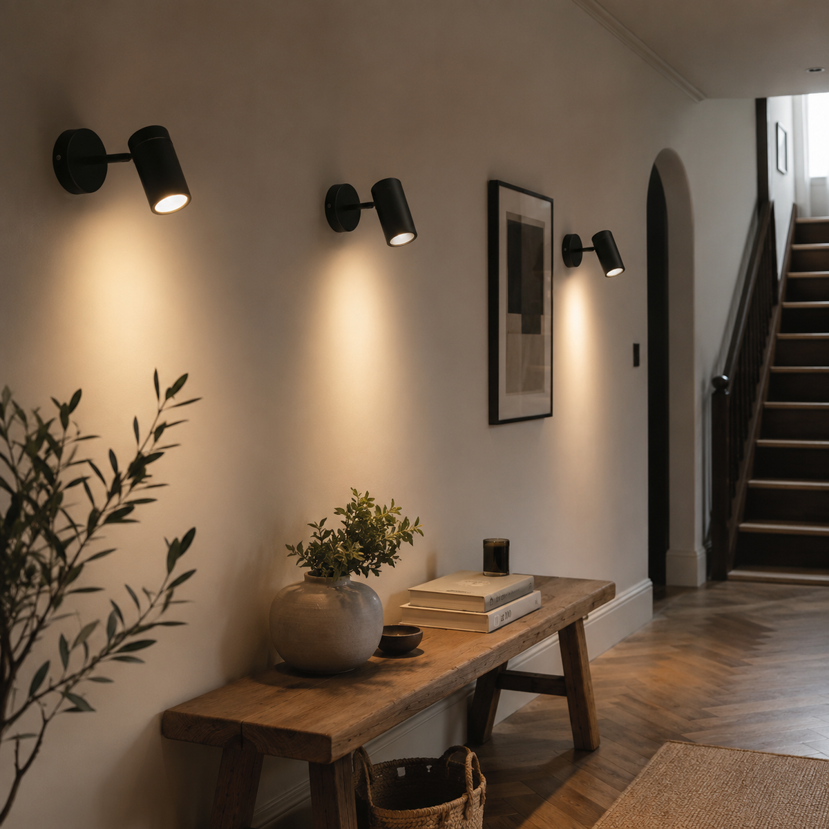 Vegglampe med LED og justerbar svingarm i matt svart eller gull