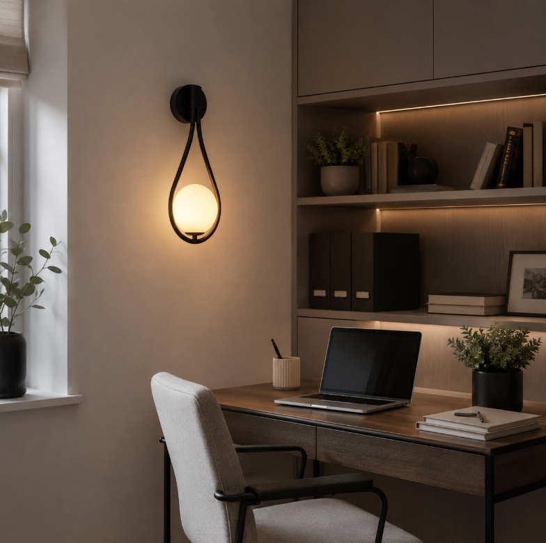 Vegglampe med frostet glasskule og dråpeformet metallramme