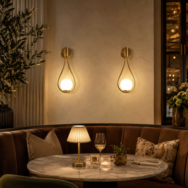 Vegglampe med frostet glasskule og dråpeformet metallramme