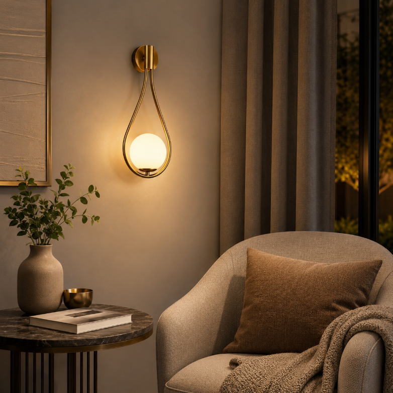 Vegglampe med frostet glasskule og dråpeformet metallramme