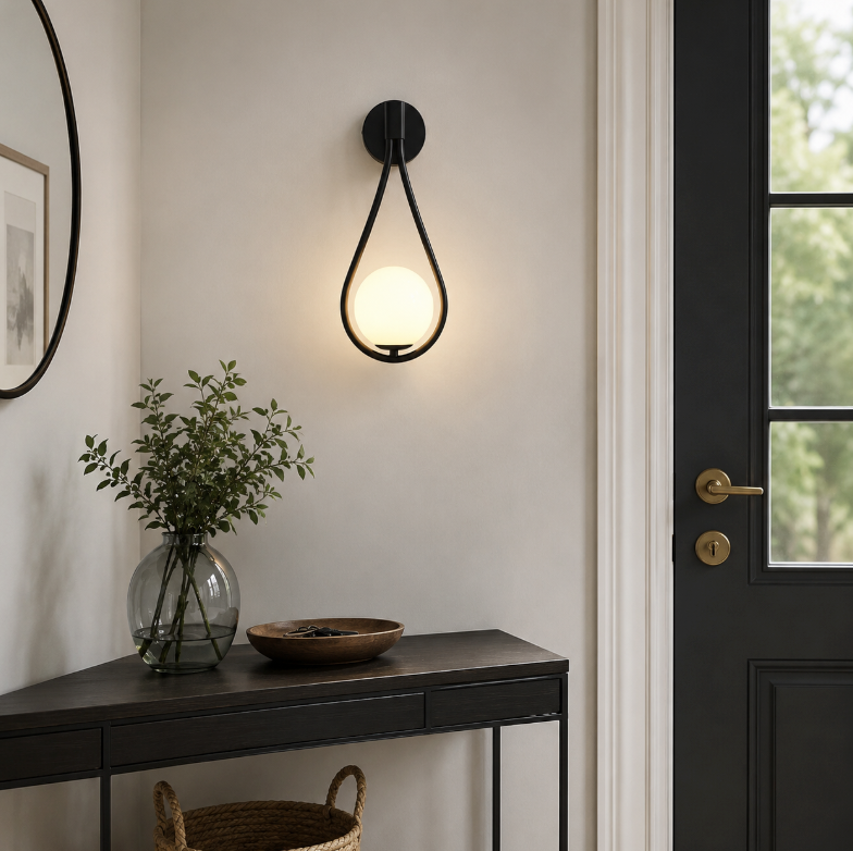 Vegglampe med frostet glasskule og dråpeformet metallramme