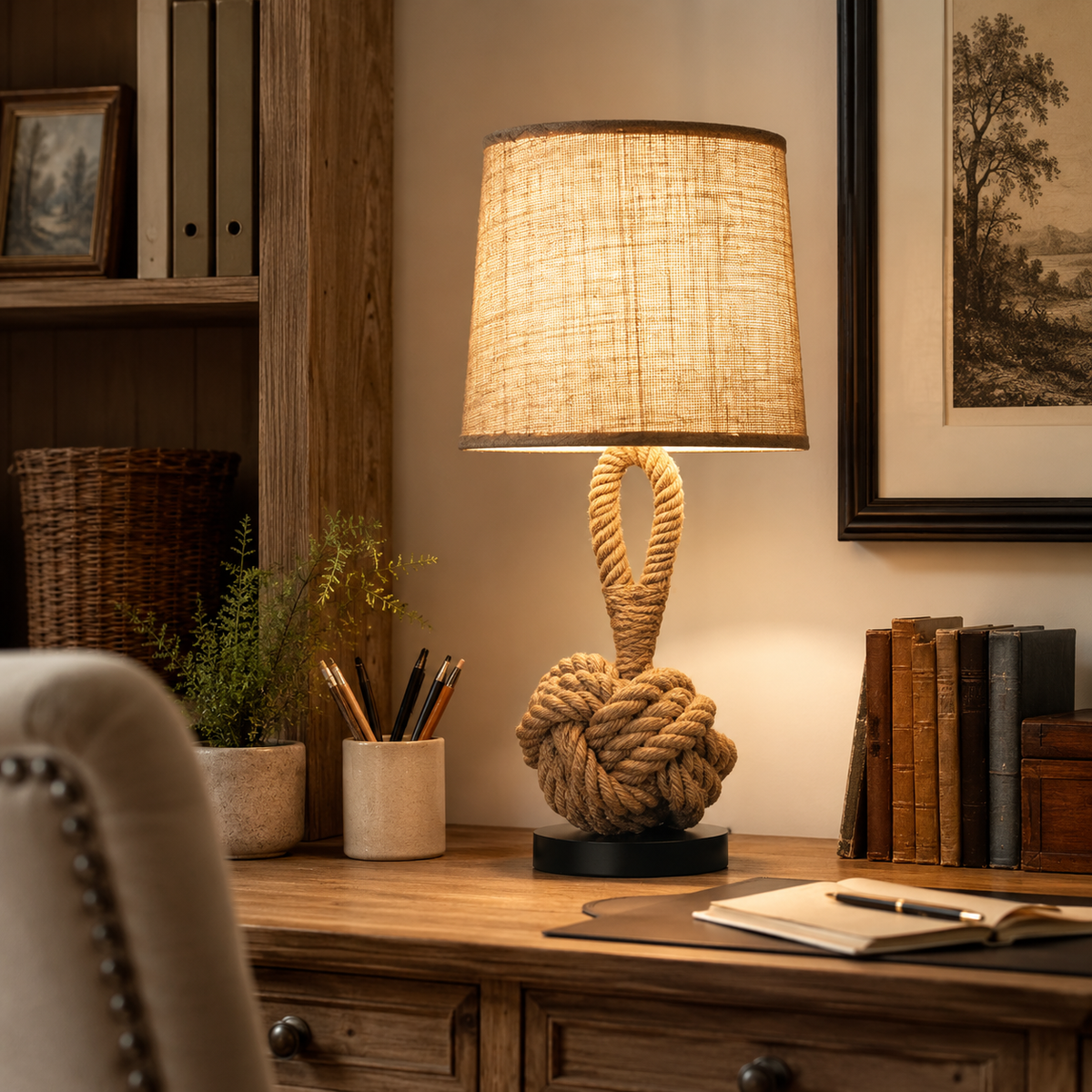 Bordlampe med hampetau og linskjerm - rustikk kyststil