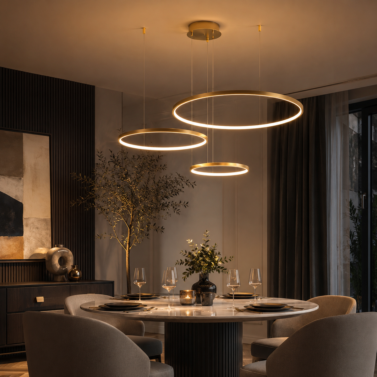 Lysekrone med LED og minimalistiske ringer i børstet gull