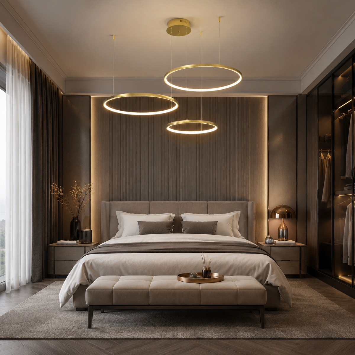Lysekrone med LED og minimalistiske ringer i børstet gull