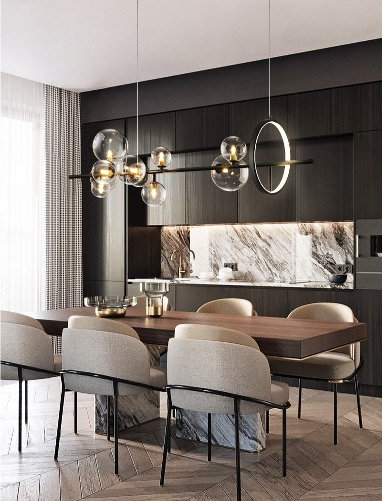 Lysekrone med LED, glasskuler og justerbar lengde, 90 eller 120 cm