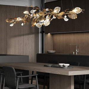 Lysekrone med LED og lotusblader - messing, kobber og glass