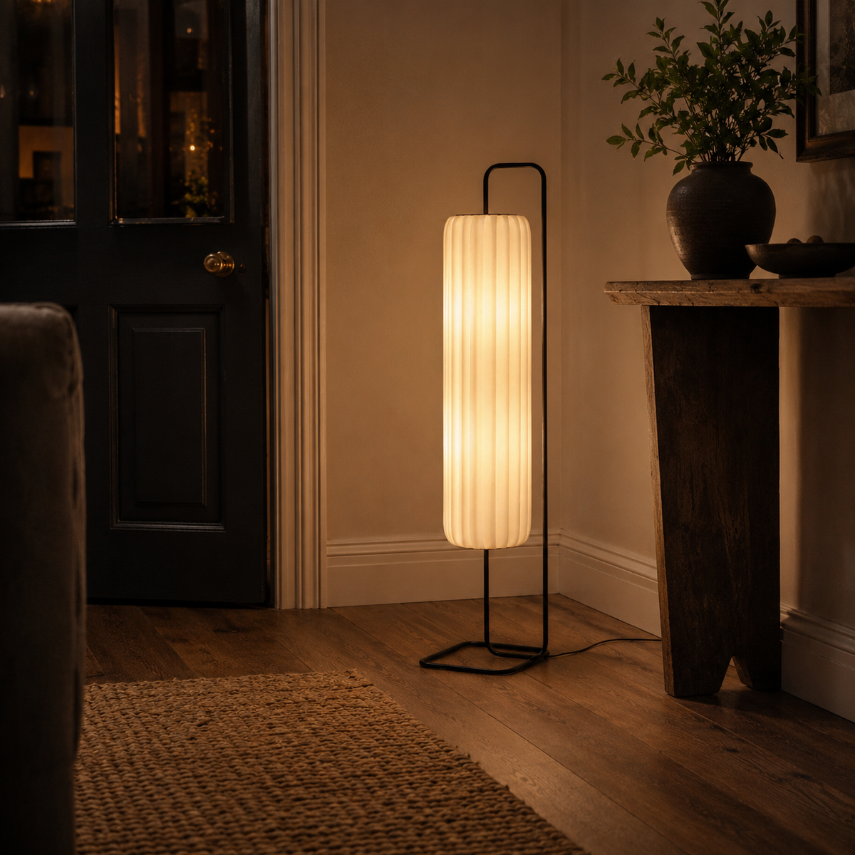 Gulvlampe med silkeskjerm og smijern - japansk stil med LED
