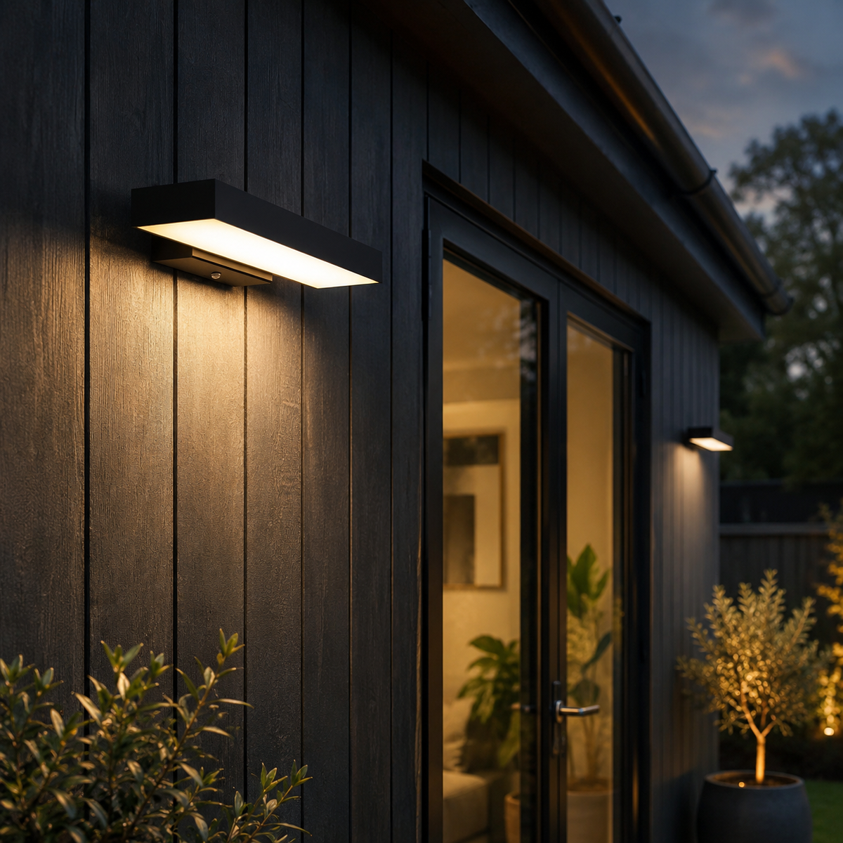 Utendørs vegglampe med lineær LED - med eller uten bevegelsessensor