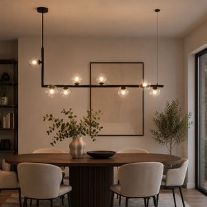 Taklampe med doble glasskuler - lineær lysekrone i nordisk stil