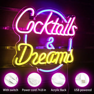 LED-neonskilt med cocktail- og ølmotiv - USB-drevet bardekorasjon