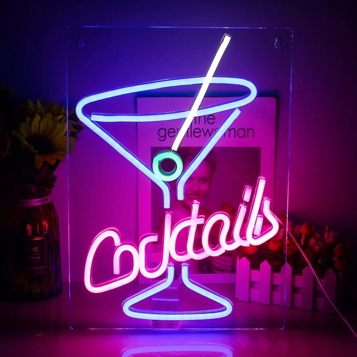 LED-neonskilt med cocktail- og ølmotiv - USB-drevet bardekorasjon