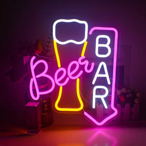 LED-neonskilt med cocktail- og ølmotiv - USB-drevet bardekorasjon