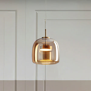 Pendellampe i retrostil med tonet glass og gullfarget metall