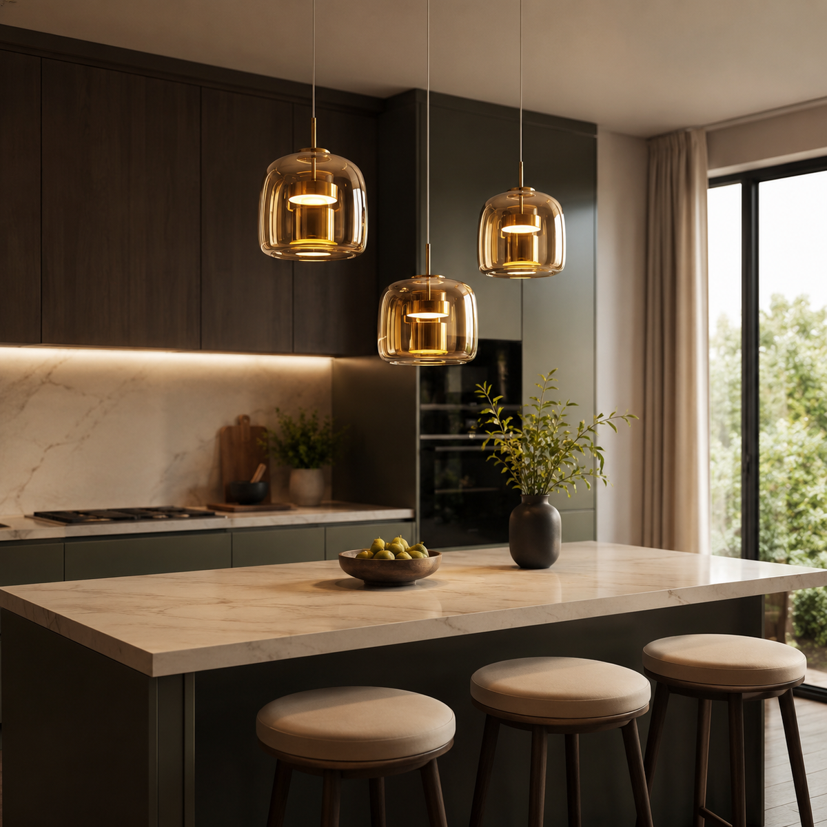 Pendellampe i retrostil med tonet glass og gullfarget metall