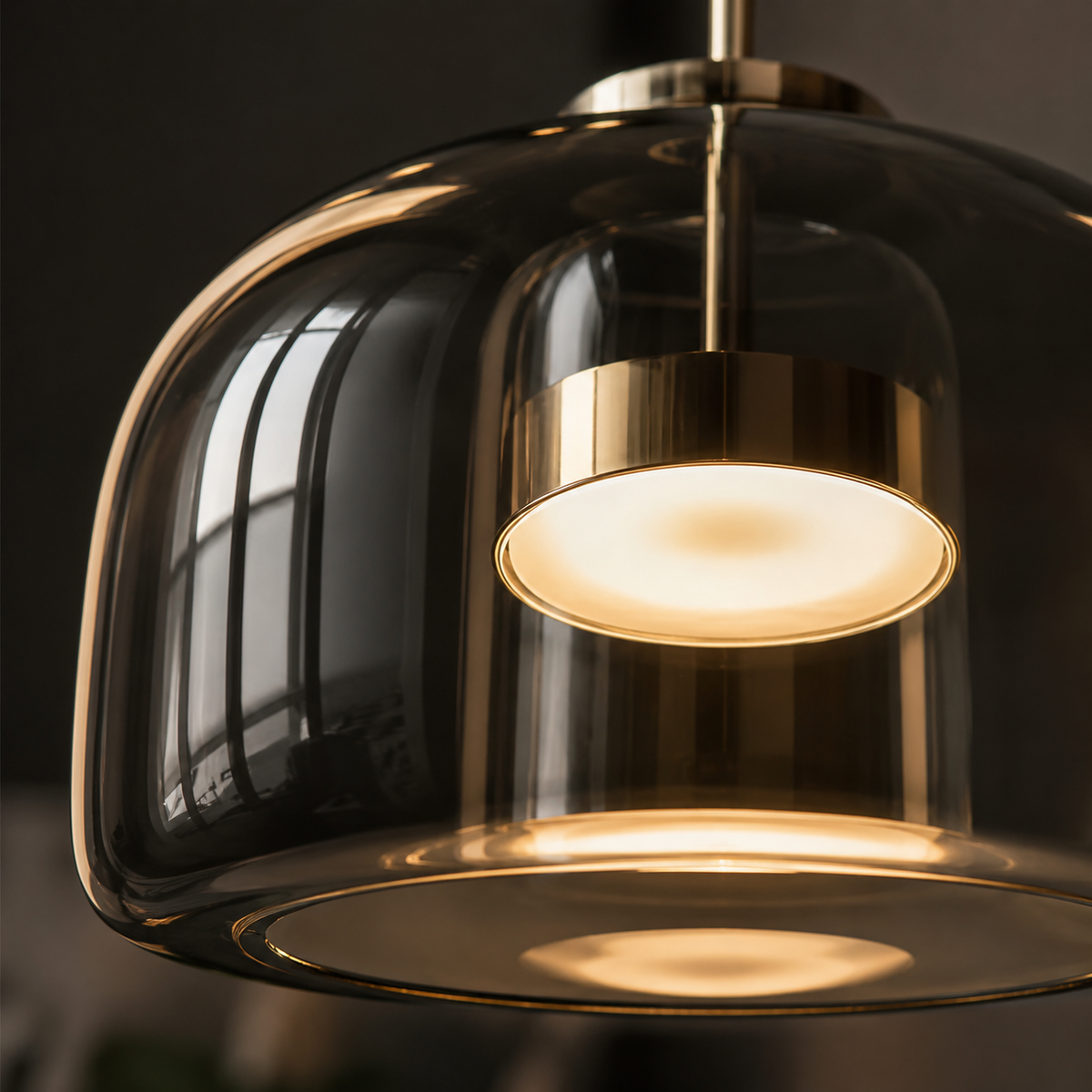 Pendellampe i retrostil med tonet glass og gullfarget metall