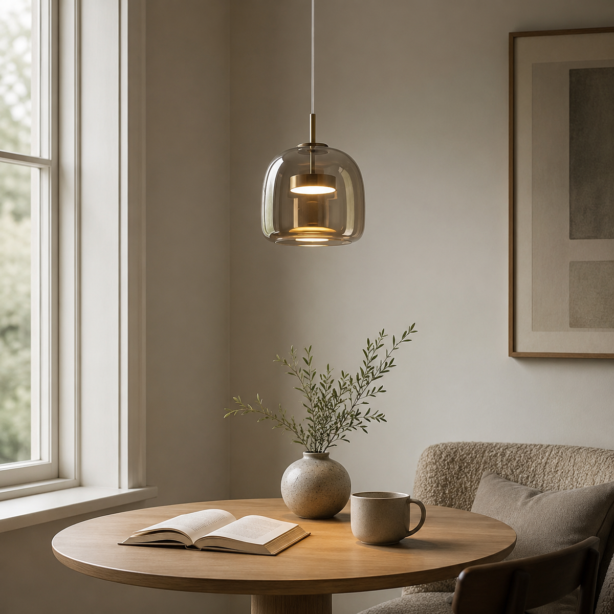 Pendellampe i retrostil med tonet glass og gullfarget metall