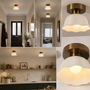 Taklampe i keramikk og glass - halvinnfelt plafond med varmt lys