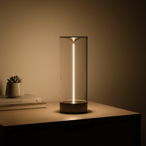 LED bordlampe i klar sylinder med lysstripe, trådløs, Klar og svart