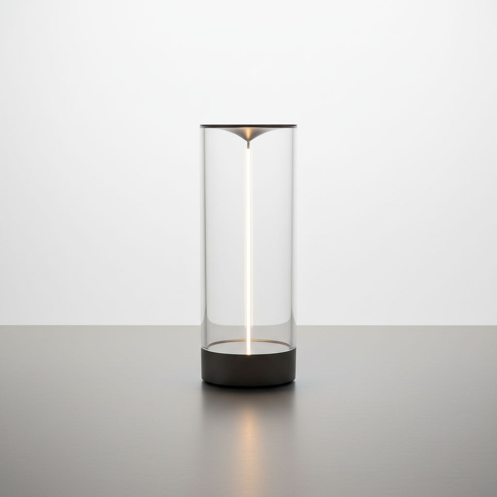LED bordlampe i klar sylinder med lysstripe, trådløs, Klar og svart