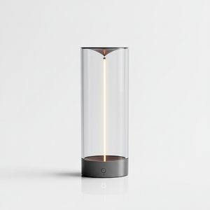 LED bordlampe i klar sylinder med lysstripe, trådløs, Klar og svart