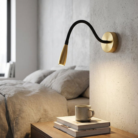 Leselampe for vegg med fleksibel arm i svart og messing, Svart og messing