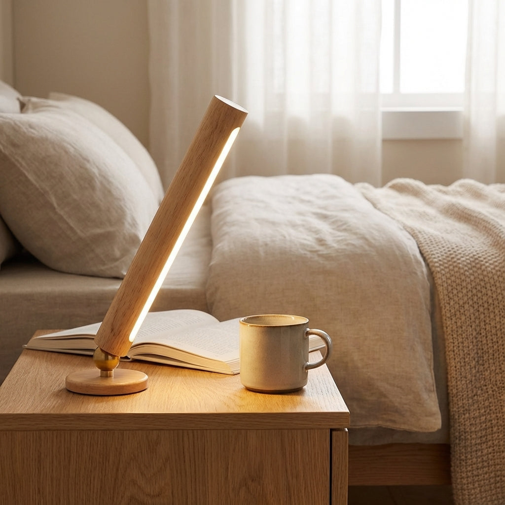 Oppladbar lampe i tre med vippbar lysstav og messingkule, Natur og messing