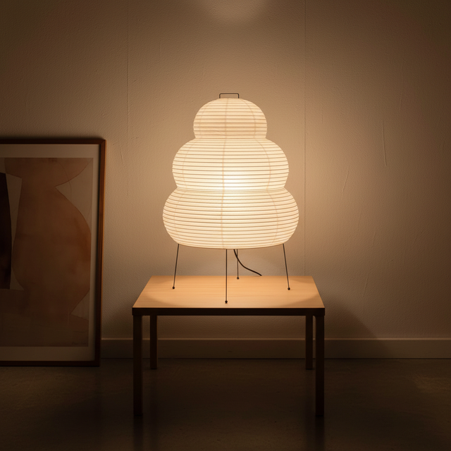 Papirlampe som bordlampe i mullbærpapir på tynne metallben, Hvit