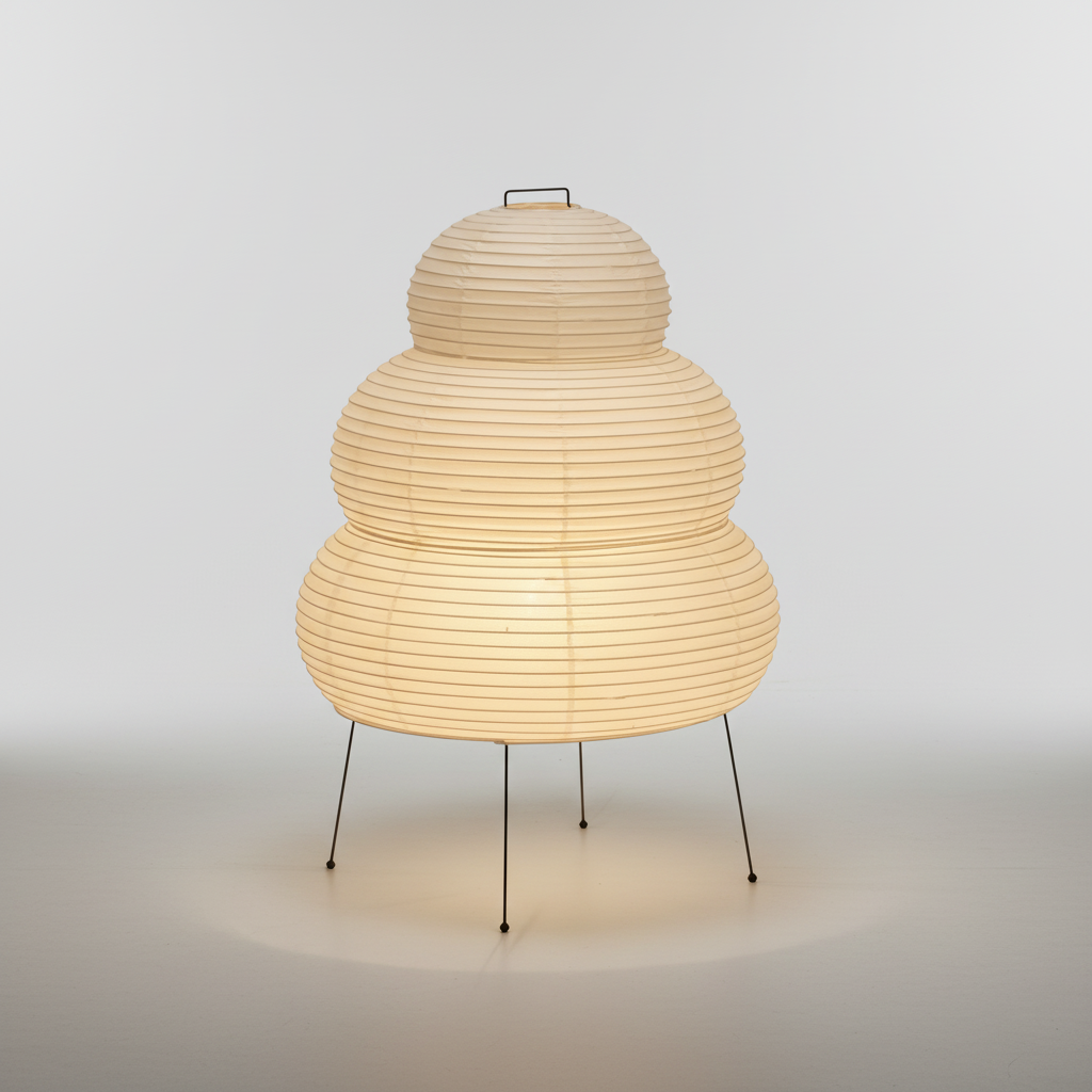 Papirlampe som bordlampe i mullbærpapir på tynne metallben, Hvit