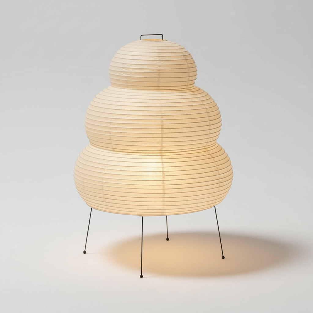 Papirlampe som bordlampe i mullbærpapir på tynne metallben, Hvit